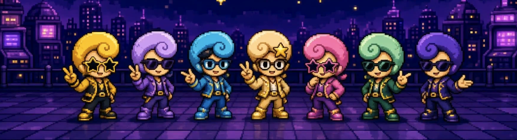 ponstar lineup — seven pixel pop-stars on a night rooftop